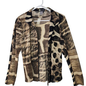 Damee Inc brown beige animal print mesh jacket and shell top crystals size Large